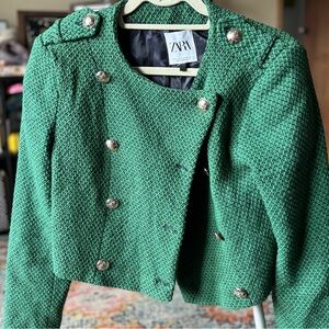 Zara Emerald Green Tweed Blazer Medium oversized silver buttons